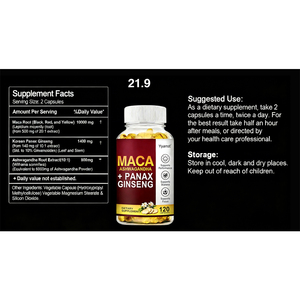 อาหารเสริมสมุนไพรแบรนด์ส่วนตัว ช่วยเสริมสมรรถภาพ ความทนทาน และสมาธิ ด้วยสารสกัดจากอัชวากันธาและโสม บรรจุในแคปซูลนิ่ม/ขวด - Product Image 4