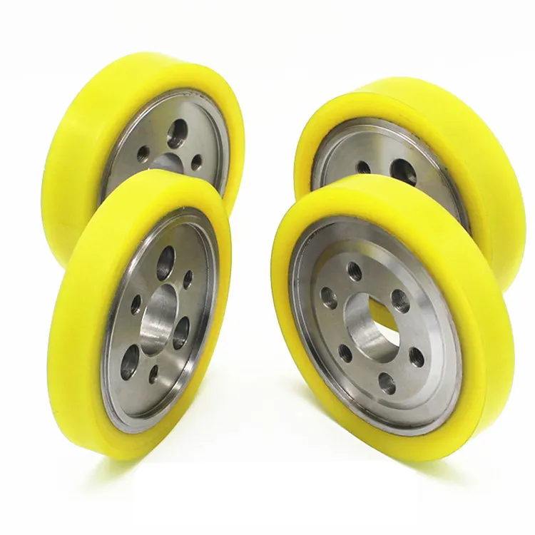 High quality yellow polyurethane coated PU rubber roller wheel with bearing