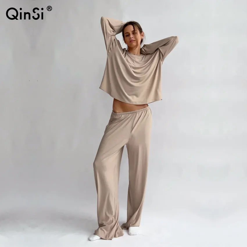 QINSI الحياكة ملابس نوم سوداء عالية الخصر فضفاضة جديدة في منامة للنساء مجموعات كاكي فانوس طويلة الأكمام ملابس منزلية نسائية
