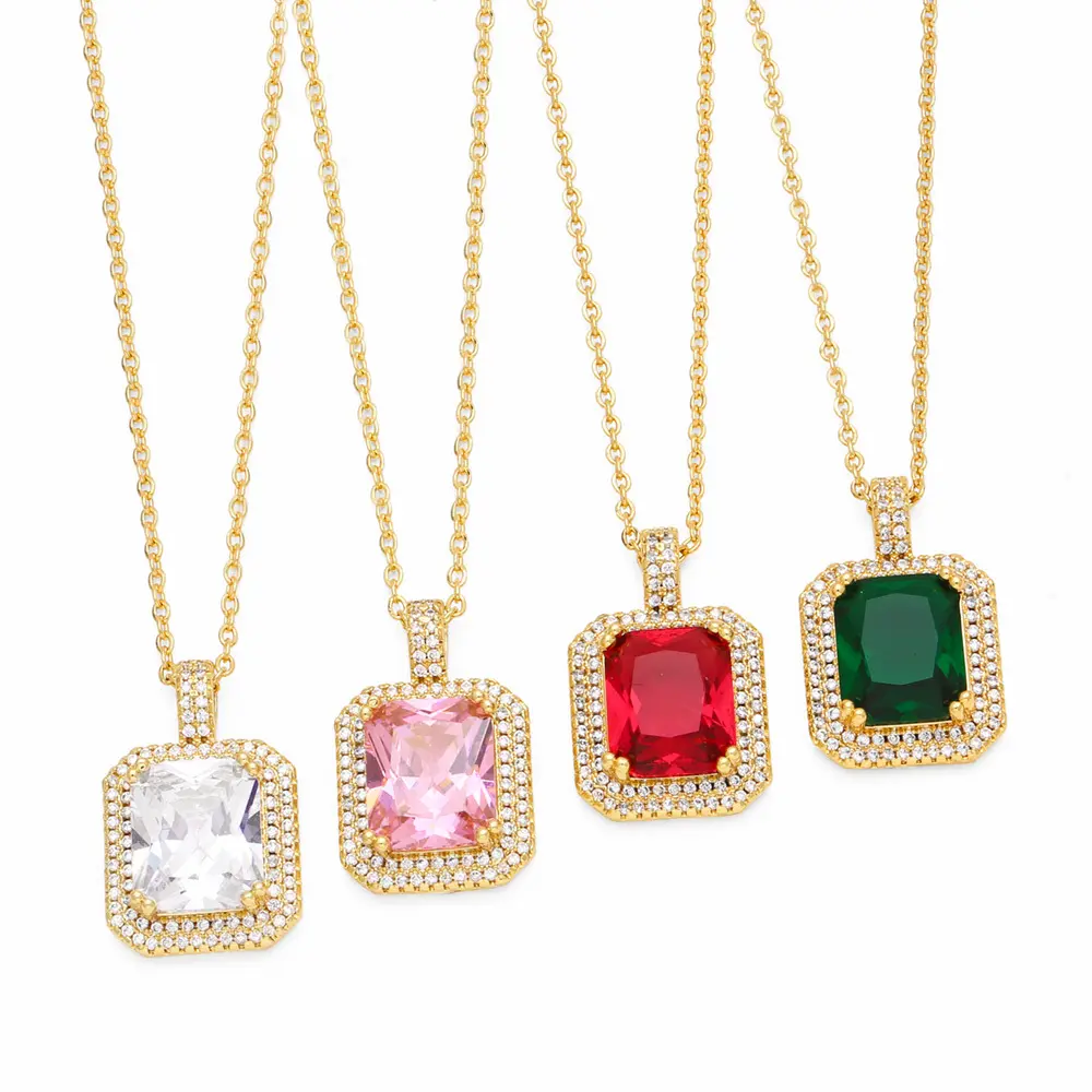 KMLB2030 Collier de luxe en laiton avec pendentif carré en zircon multicolore Collier de pierres précieuses plaqué or 18 carats avec gros diamant en cuivre bling