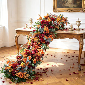 Runner Floreale Lungo Giallo Borgogna per Matrimonio, Runner da Tavolo con Fiori, Runner per Corridoio da 200 cm per Decorazioni Cerimonia Nuziale - Product Image 1