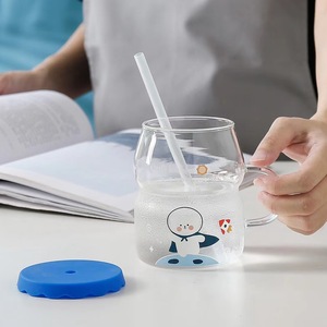 Copos de vidro de palha de silicone, bonito, desenho animado, para animais de estimação, com cobertura de silicone, copo de vidro de água no gelo, alta qualidade, venda imperdível - Product Image 2