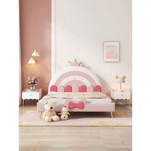 Cake Princess Kids Daybed Full Size <b>Wood</b> Cotton Upholstery Comfortable Modern Pink <b>Rainbow</b> Color Block Design for Girls Bedroom - Product Image 6
