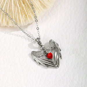 Angel <b>Wings</b> Heart Pendant Necklace Zinc Alloy <b>Black</b> Silver Color Claw Setting Themed Pendants Gift Occasion - Product Image 3