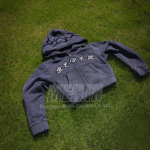 Custom Distressed Embroidery Streetwear <b>Cropped</b> Acid Wash <b>Zip</b> <b>up</b> Hoodies and Shorts Set Two Piece Tracksuit Sweatsuit Set Women - Product Image 3