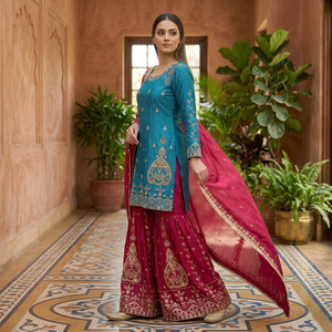 Ensemble de vêtements indiens/pakistanais TENNECY pour mariage, comprenant un haut brodé fantaisie et un dupatta, avec un pantalon palazzo extensible et réversible, idéal pour les occasions spéciales. - Product Image 1