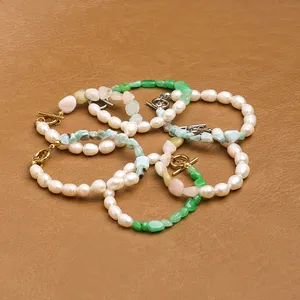 Bracaletto Bijoux personnalisés faits à la main pour femmes, Bracelet en perles de gravier naturel, acier inoxydable, bouton O T, Bracelet perlé