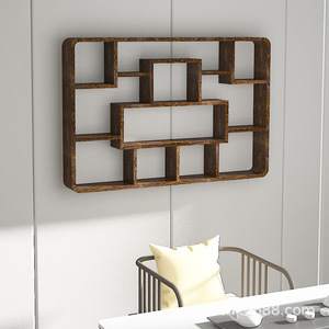 Solid Wood Chinese Style <b>Wall</b> Mounted Display <b>Shelf</b> Geometric Irregular Shape For Living Room Tea Room <b>Storage</b> Cabinet - Product Image 4