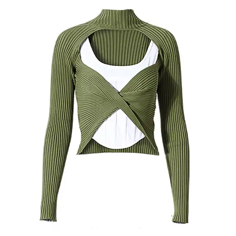2022 new autumn winter Street wear fashion knitted sweater hollow blouse with fishbone vest two-piece set cross pullover sweater