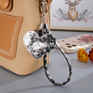 HR Customized Embossing Printing Women Fashion Clothing Accessories <b>Bag</b> <b>Charm</b> Girls Car Key Chain Sequins Denim Heart Keychains - Product Image 5