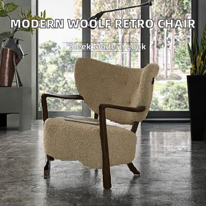 Fauteuil pouf Woolf, style rétro français moderne, en bois massif, avec revêtement en tissu, housse amovible, pour la maison, le bureau, la chambre à coucher, la salle à manger - Product Image 2