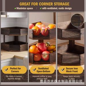 Wooden Double Layer Fruit <b>Vegetable</b> Drainer Storage Rack With <b>Stand</b> For Kitchen Desktop Use - Product Image 3