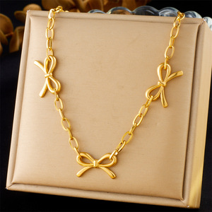 Gold Plated Stainless Steel Bowknot Chain Necklace Fashion Minimalist Punk Retro Accessory Jewelry For Women N3209 - Product Image 1
