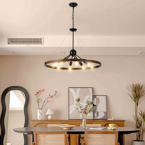 Expédié depuis les États-Unis, lustre industriel rustique de 32 pouces, luminaire suspendu de style ferme à 8 lumières avec finition en métal et en bois (sans ampoule) - Product Image 3