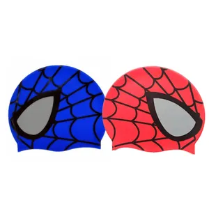 Hot Silicone Children Elastic Cartoon Spiderman Printed Swimming Cap Red/Blue Sports Pool Cute Swim Hat for Kids/Boys/Babys