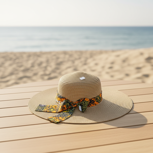 <b>Straw</b> Sun <b>Hat</b> With Printed Bandana Bow Wide Brim Beach <b>Hat</b> For <b>Women</b> Adult 56-58CM - Product Image 5