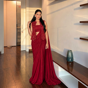 <b>Red</b> Silk <b>Saree</b> Set Embroidered Jacket Floor-Length Traditional Wedding Wear for Women India Pakistan Style All Seasons In-Stock - Product Image 2