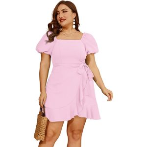 FOXA Womens Summer Dress Square <b>Neck</b> Puff Sleeve <b>Tie</b> Waist A-Line Casual Short Dress Breathable Woven Fabric Daily Wear - Product Image 3