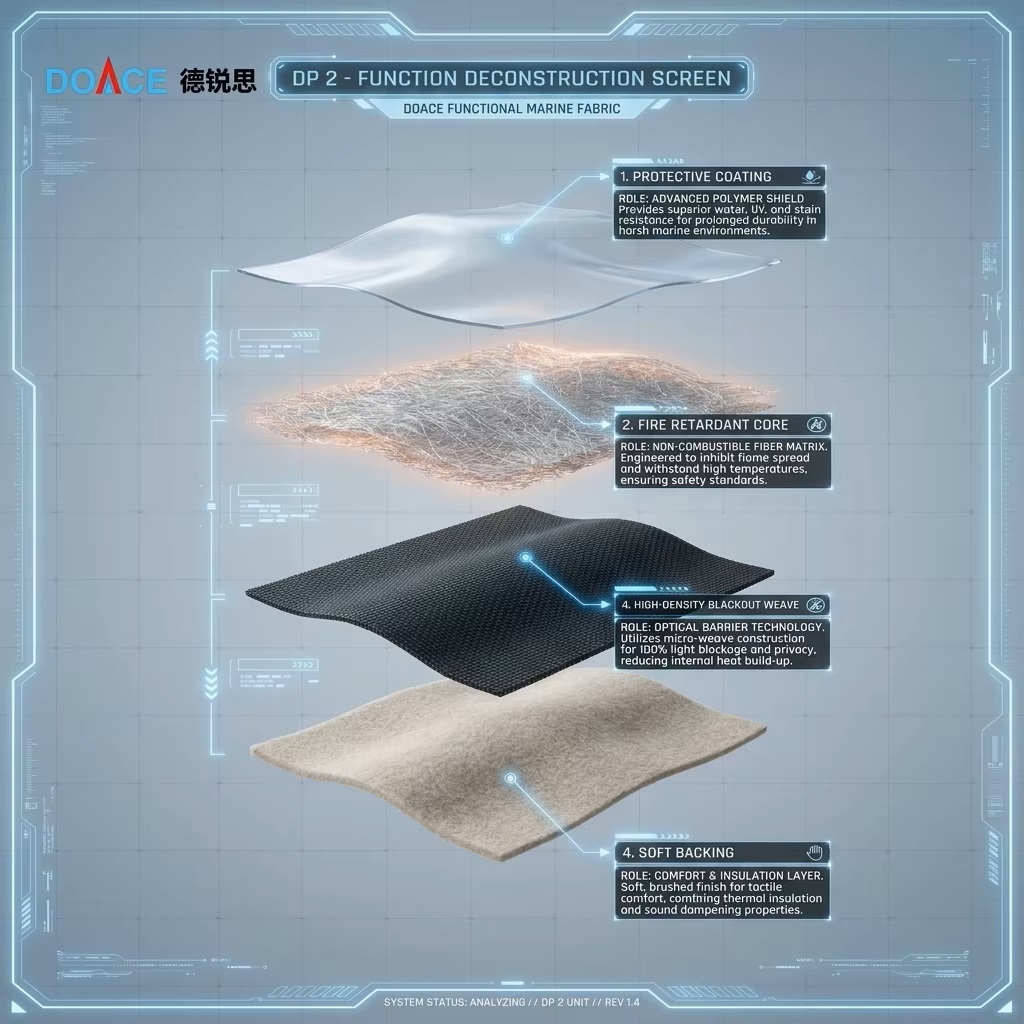 DOACE Marine Grade IMO FR Woven 100% IFR Polyester Fabric 260gsm/390gsm Formaldehyde & Odor Decomposition Air Purifying Textile