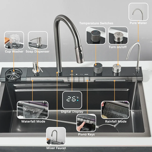 Évier de cuisine commercial moderne en acier inoxydable à cuve unique, à encastrer, multifonctionnel, avec robinet intelligent à quatre trous - Product Image 5