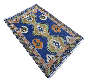 Tapis de salon bleu tribal noué à la main 8x10 • Tapis oriental en laine 9x12 • Tapis géométrique - Product Image 1