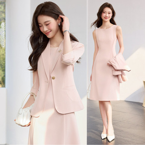 Pink Suit Set Women's Summer Elegant Slim Fit Midi Skirt Three Quarter Sleeve Office Lady Business Commute Anti Wrinkle Worsted - Product Image 1