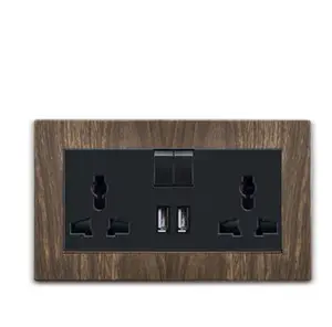 Custom Wood Grain+Black 2 Gang 3 Pin Socket USB Electrical Euro Universal Double Socket With USB Charger