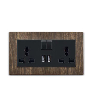 Tùy Chỉnh Gỗ Grain + Đen 2 Gang 3 Pin Ổ Cắm USB Điện Euro Phổ Ổ Cắm Đôi Với Bộ Sạc USB - Product Image 1