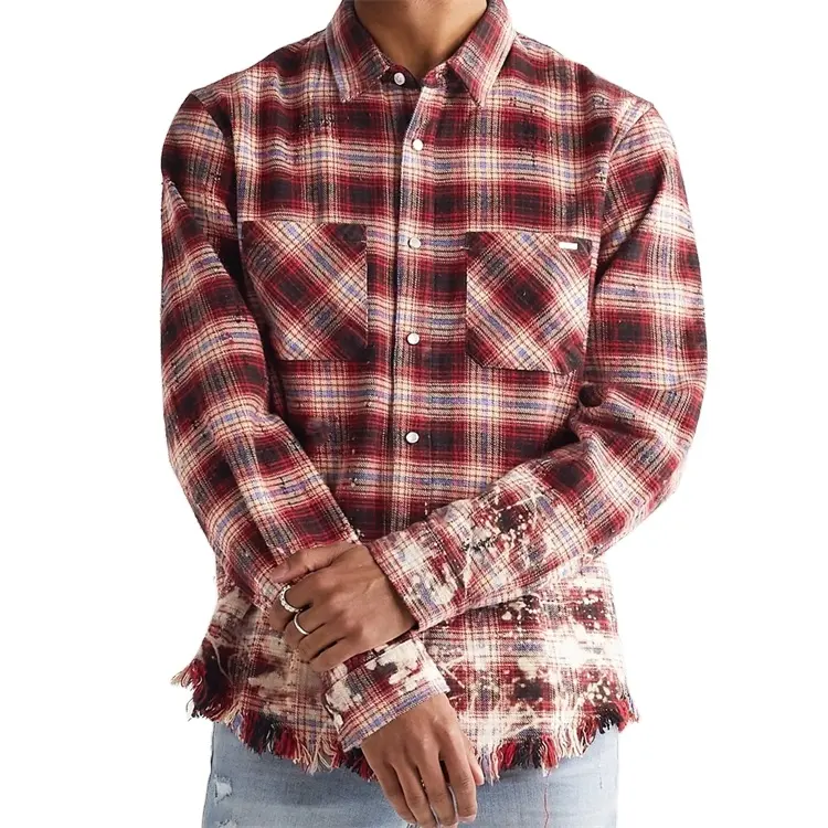 Custom oversized distressed checked cotton flannel mineral acid wash used ripped shirt for men