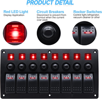 Panel de interruptores basculantes de 8 posiciones para salpicadero, impermeable, con interruptor de palanca de 5 pines, luz LED azul y botón pulsador negro
