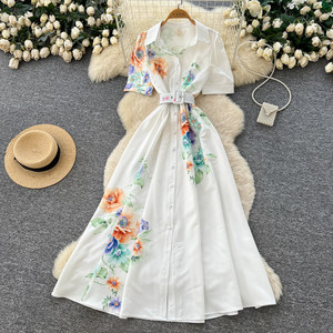 Robe chemise élégante imprimée de style français pour femme, version coréenne à manches courtes printemps-été, taille haute, coupe trapèze longue - Product Image 1