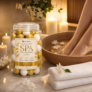 Bombes de bain de luxe parfumées aux huiles essentielles bio et ensemble bandeau en polaire corail à paillettes dorées, bienfaits hydratants - Product Image 3