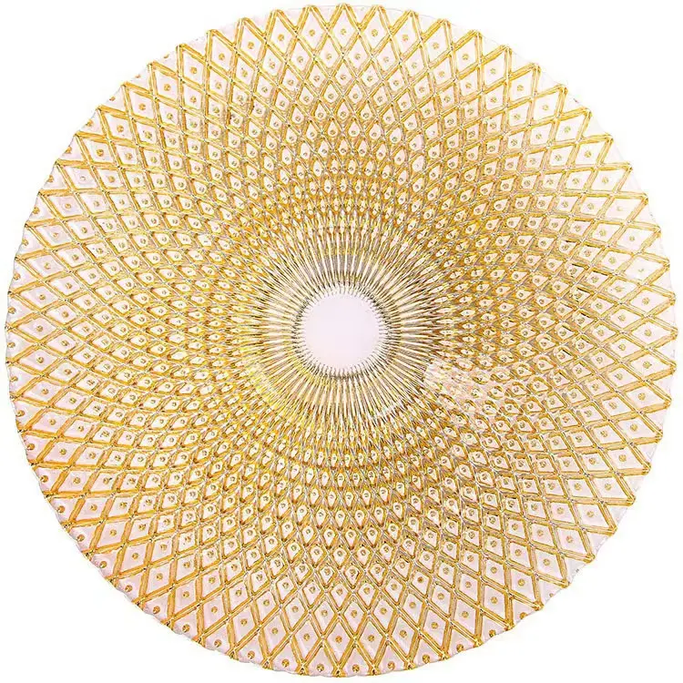 Luxe Heldere Kristallen Pauw Sproeien Gouden Glazen Opladerplaat Rond 13Inch Borden Bruiloft Decoraties