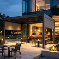 Pergola scandinave minimaliste blanche en aluminium à toit réglable électriquement, résistante à la corrosion, imperméable, avec revêtement en poudre, pour terrasse extérieure