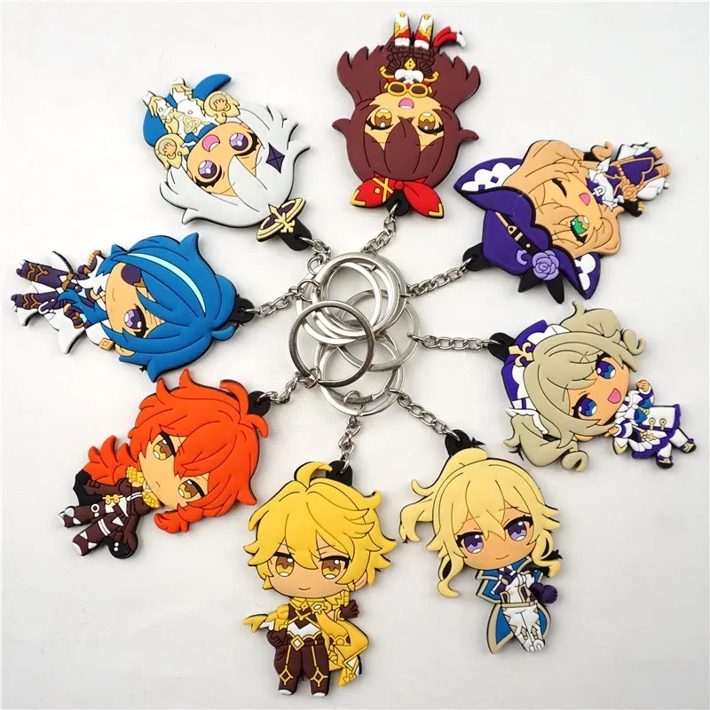 10 Designs Cute Genshin Impact Key Ring Cartoon Character Manyo Zhongli Keychain PVC Rubber Key Chain