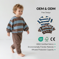 Kaos Sweater Anak Laki-Laki Musim Dingin OEM Katun Organik, Logo Custom, Lengan Panjang, Grosir, Baju Anak Bergaris