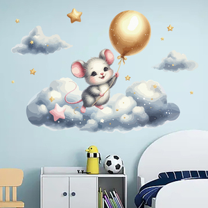 Autocollant mural petite <span class=keywords><strong>souris</strong></span> avec étoiles et nuages, autocollants muraux pour chambre d'enfant, salon, vinyle auto-adhésif amovible - Product Image 2
