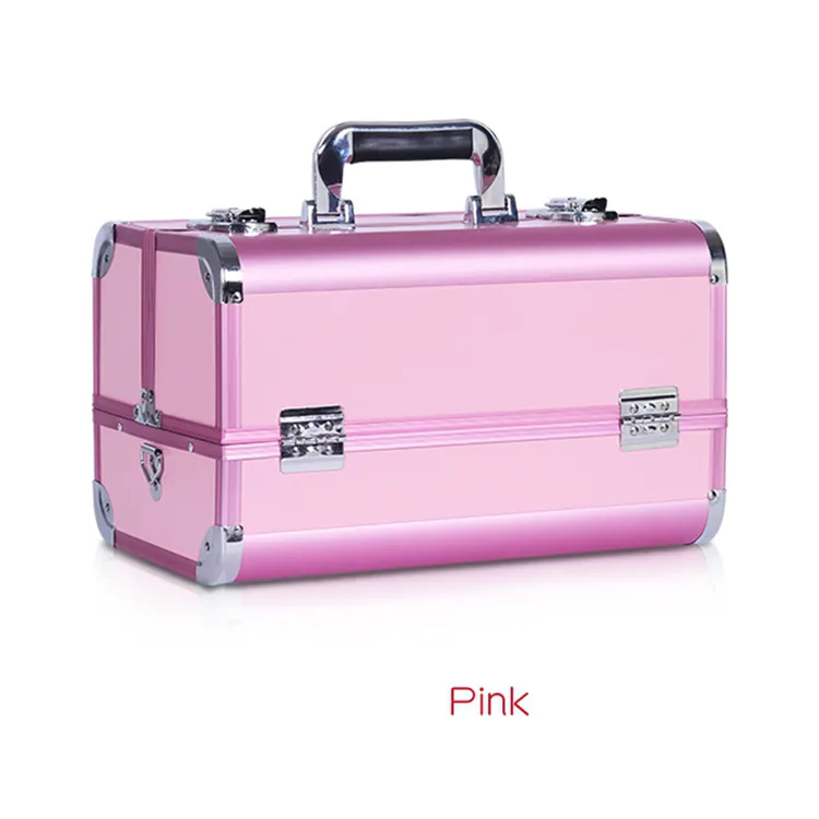 ピンクアルミ美容師メイク美容トレインボックスカブドルキルティングバニティポータブル化粧品ケース