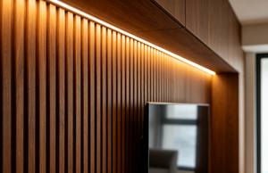 Moderne Wasserdichte 3D Geriffelte WPC Wandpaneele Akustische Holzfurnier-Verkleidung Dekorative Innenraum-Lamellenplatten für Hotel TV-Hintergrund Zuhause - Product Image 3