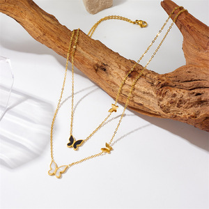 Butterfly Double Chain Necklace Gold Plated Zinc Alloy Fashion Jewelry Gift - Product Image 2