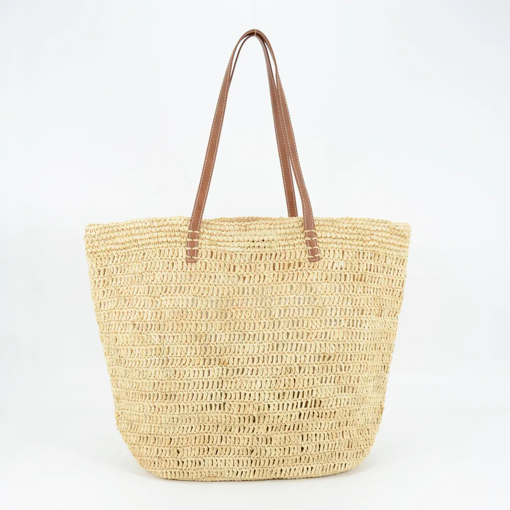 Handmade Crocheted Natural Raffia Straw Tote Bag For Summer Beach