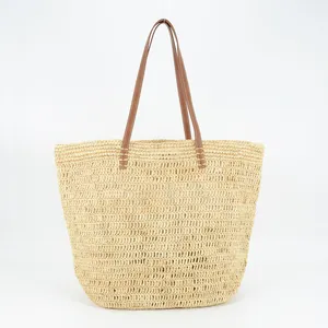 Bolso de mano de rafia Natural hecho a mano, de ganchillo, para playa y verano