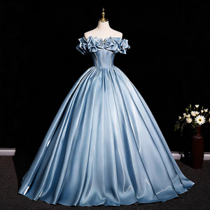Abito <span class=keywords><strong>da</strong></span> sera blu in raso a trapezio con diamanti e spalle scoperte, per studentesse adulta di 18 anni, per esami artistici, laurea, presentatrice, stile <span class=keywords><strong>principessa</strong></span> tutu - Product Image 1
