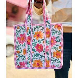 Sac fourre-tout mini matelassé en coton à imprimé floral abstrait, sac à main imprimé au bloc, sacs de shopping, sac de plage, sacs de voyage et sacs à bandoulière - Product Image 2