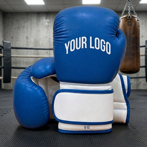 Gants de boxe MMA en cuir bleu et blanc avec logo personnalisé 16oz |   Équipement d'entraînement respirant à doigts entièrement couverts avec fermeture auto-agrippante - Product Image 4