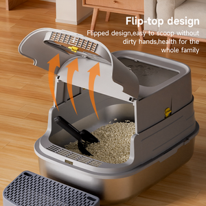 Bac à litière pour chat entièrement fermé en acier inoxydable avec plateau extractible, bac à litière en acier métallique avec filtre, plante avec maison - Product Image 3