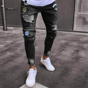 Jeans personnalisés pour hommes, brodés, patchwork, jeans en denim déchirés, pantalons droits fuselés à rayures, jeans skinny slim de coupe hip hop pour hommes - Product Image 3