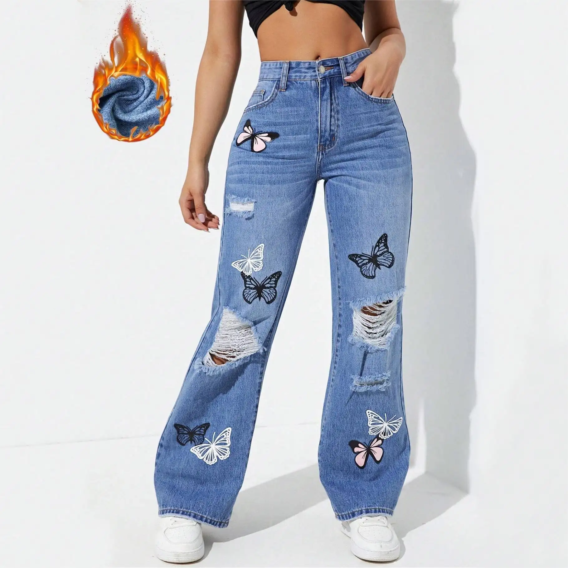 Factory custom autumn and winter women's butterfly print jeans brushed fabric warm ripped straight trousers