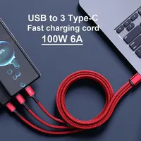 Cable de Carga Rápida USB Tipo-C 3 en 1 de 100W para Teléfono Móvil con Transferencia de Datos Rápida