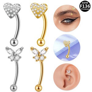 Clous d'oreille incurvés en titane, design cœur et papillon, en alliage G23, bijoux de piercing pour oreille, nez, lèvre, corps, accessoire de mode - Product Image 1